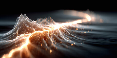 A surreal digital landscape featuring a glowing river of energy carving a path through a dark, crystalline mountain range