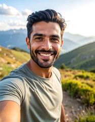 Happy man smiles on mountaintop selfie