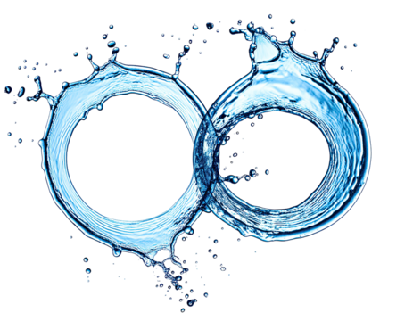 Two interconnected rings of water, with splashes and droplets