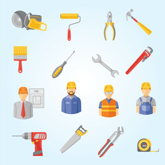 Flat Design Construction Worker and Various Hand Tools Set Illustration