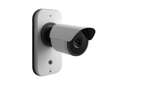 Close-up of a modern security camera.  Mounted, white