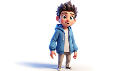 A cartoon boy with brown hair, wearing a blue hoodie and beige pants, stands smiling against a white background.