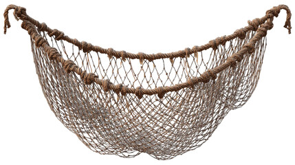 Obraz premium A traditional handmade fishing net crafted from natural fibers, displayed against a neutral background, highlighting its intricate design and craftsmanship, ideal for marine-themed decor