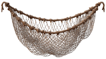 A traditional handmade fishing net crafted from natural fibers, displayed against a neutral background, highlighting its intricate design and craftsmanship, ideal for marine-themed decor