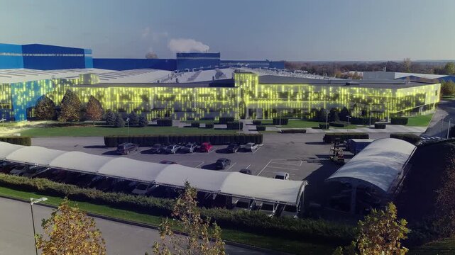 Exterior view of a large smart factory or logistics center, with an office and courtyard. Concept. The building of a modern factory digital concept. Smart city. Smart industry.