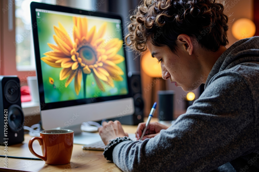 Poster digital artist immersed in modern technology while creating artwork.