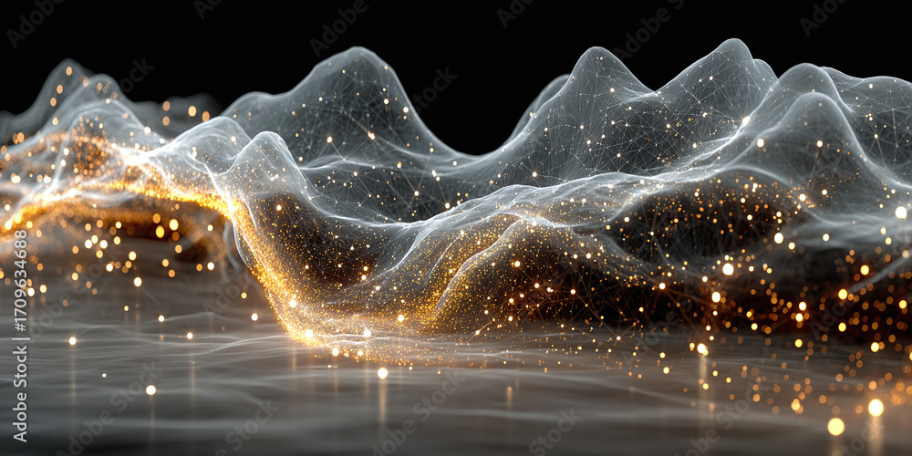 Poster abstract futuristic digital landscape with flowing waves of glowing particles representing data and 