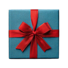 Teal gift box with red ribbon bow