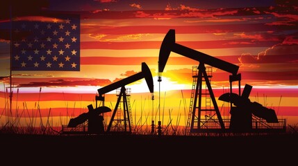 Silhouette of oil rigs at sunset featuring the usa flag  emblematic of the american oil industry