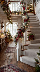 Christmas white staircase in bright home interior with garlands, red bows, pinecones, fairy lights, festive cozy atmosphere, daylight. , copy space,