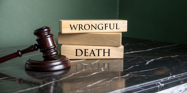 Symbolic representation of wrongful death legal proceedings with a gavel and wooden blocks displaying text