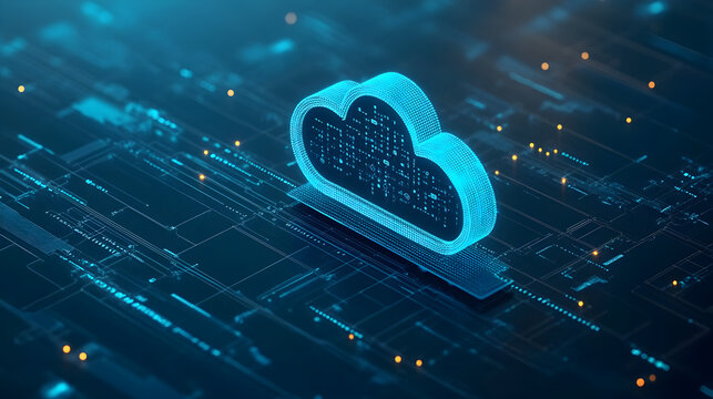 A glowing cloud icon on a dark blue circuit board background with small yellow light particles around it