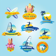 Colorful Decorative Surfing Club Emblem Set for Beach Summer Activities