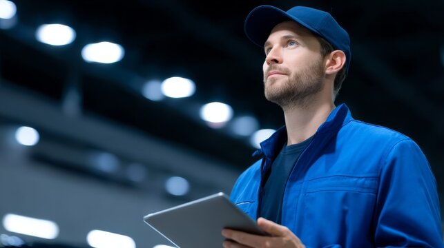 A young man in a blue work jacket and cap stands with a tablet in his hands. He looks thoughtful and focused. This image captures a modern professional in action. AI - Powered by Adobe