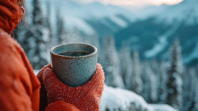 Female hiker wearing red jacket drinking from a steaming mug and enjoying a snowy mountain view in winter
