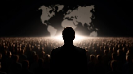 A silhouette stands before a large crowd in a dark space. A world map is softly illuminated in the background. This image captures the essence of leadership and global connection. AI