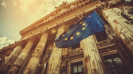 European union flag on bank building symbolizes the ongoing financial crisis in the eu