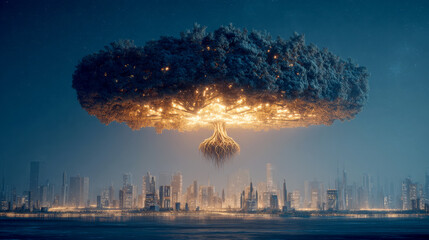 Glowing tree floating above futuristic city