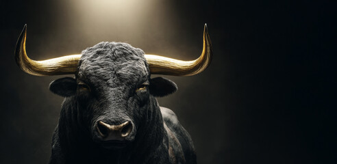 Powerful black bull with golden horns