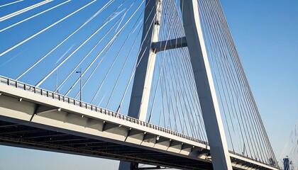 Obraz premium Modern CableStayed Bridge Architecture Against Blue Sky Structural Engineering.