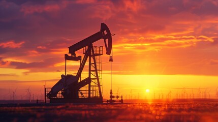 Silhouette of an oil pump against a sunset  a symbol of the us petroleum industry and innovation
