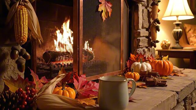 Cozy autumn fireplace scene with burning fire and fall decorations in motion