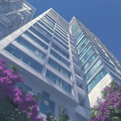 Stunning modern high-rise building exterior with vibrant purple flowers and clear blue sky