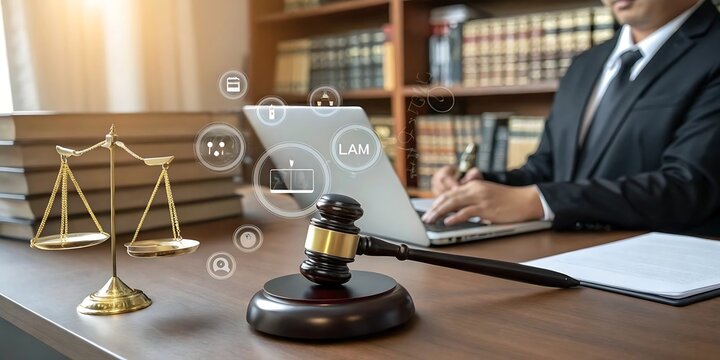 Lawyer using laptop with legal symbols and scales of justice in office representing law and justice