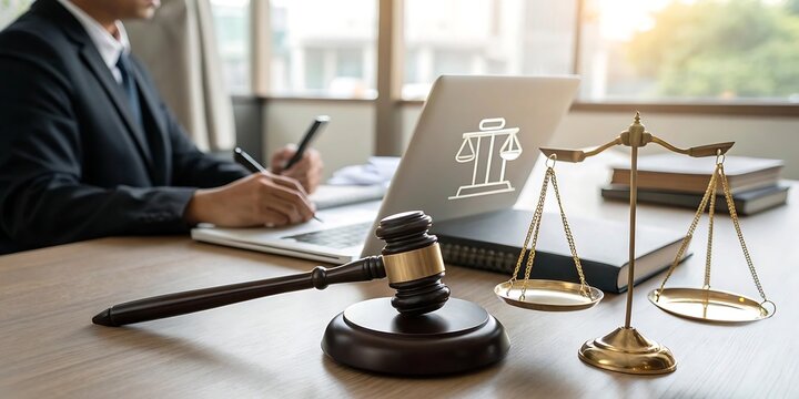 Lawyer working on laptop with gavel and scales of justice on desk representing legal proceedings and justice