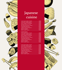 Japanese Restaurant Menu. Hand-drawn illustration of dishes and products. Ink. Vector