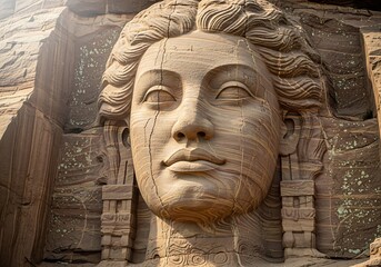 Closeup of a weathered ancient egyptian colossal statues face carved into rock
