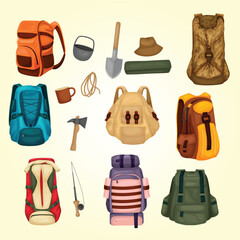 Cartoon Style Detailed Camping Equipment and Backpack Illustration Collection