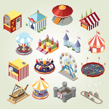 Isometric Amusement Park Icon Set Collection Colorful Detailed Illustration