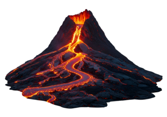 A magnificent, fiery volcano erupts, spewing molten lava down its slopes in a dramatic display of natural power.