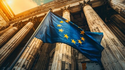 Bank building displaying european union flag symbolizes ongoing crisis in the european union