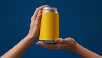Holding aluminum beverage can with yellow label using two hands in studio, with deep blue backdrop