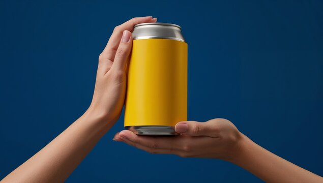 Holding aluminum beverage can with yellow label using two hands in studio, with deep blue backdrop - Powered by Adobe