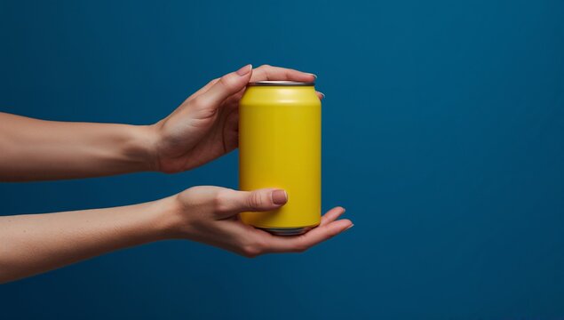 Holding light-skinned hands cradling yellow aluminum can in studio setup, blue backdrop - Powered by Adobe
