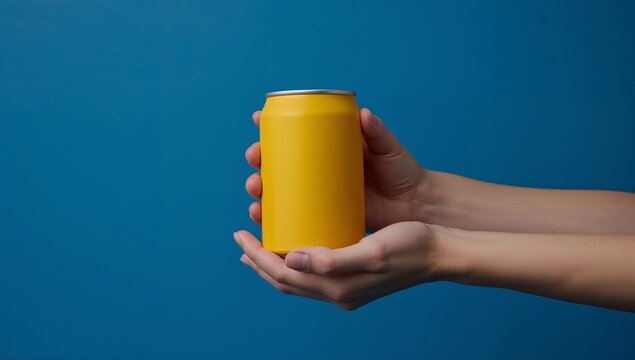 Extending forearms and hands holding plain yellow aluminum can in studio, with solid blue backdrop - Powered by Adobe
