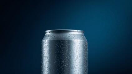 Glistening metallic beverage can displaying condensation drops against gradient dark blue backdrop
