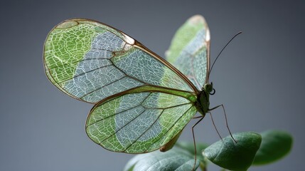 Obraz premium Image of a clear-winged butterfly perched on a leaf. The translucent green of its wings reflects light.