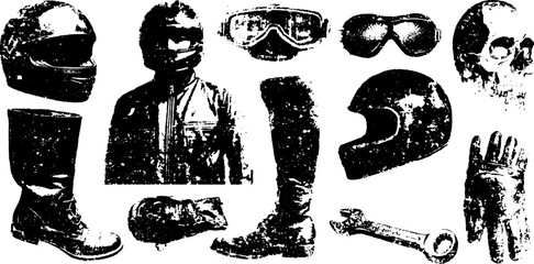 Naklejka premium Motorcycle gear illustration featuring a helmet, boots, gloves, sunglasses, skull, jacket, and wrench in a black vector art set.