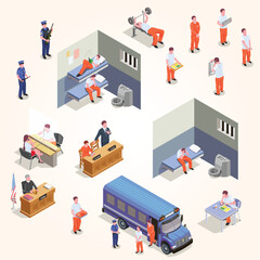 Isometric Detailed Prison Life Scene Illustration with Inmates and Personnel