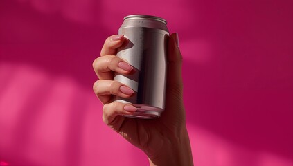 Gripping female hand holding metallic beverage can on pink backdrop, with polished acrylic nails
