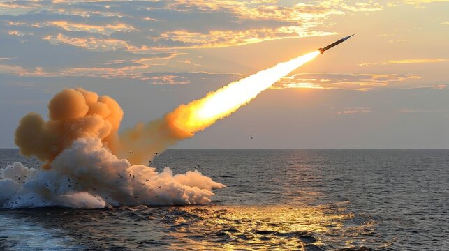 3d rendering of a tomahawk cruise missile silhouetted against a stunning sunset sky
