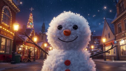 Standing fluffy snowman featuring twig arms on snowy street, with lit shops and decorated tree