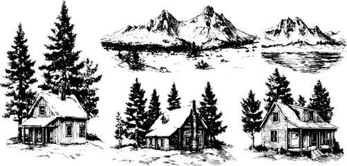 Set of houses and cabins in a black and white sketch style, surrounded by trees and mountains. Detailed vector illustration of a rural landscape.