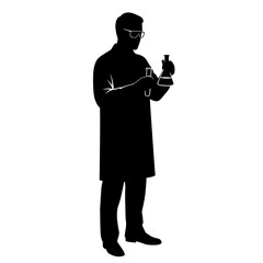 Silhouette of a scientist in a lab coat holding a test tube and flask