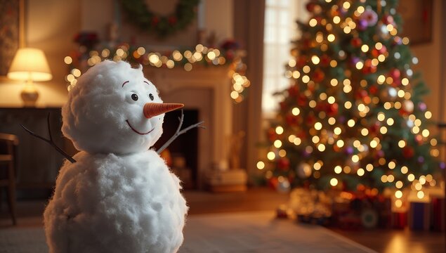 Standing snowman figurine showcasing body and twig arms in cozy living room, with fireplace mantel - Powered by Adobe
