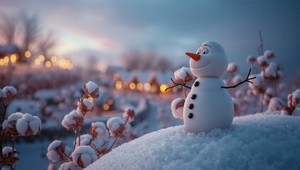Obraz premium Standing snowman raising twig arms on snowy mound surrounded by frosted plants at dusk, copy space